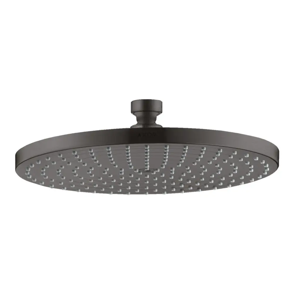 Kopfbrause in runder Form mit vielen Düsen, aus schwarzem Metall. Das Produkt ist von der Marke AXOR und hat eine einfache, funktionale Bauweise.